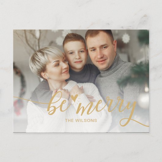 Simple Be Merry Heart Cute Script Gold photo Feestdagenkaart (Voorkant)