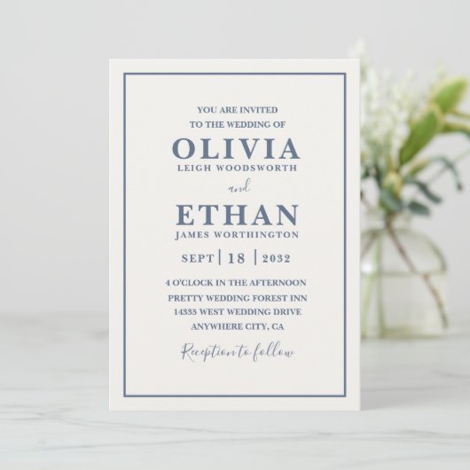 Simple Beige Dusty Blue Minimalist Border Wedding Kaart (Staand voorkant)