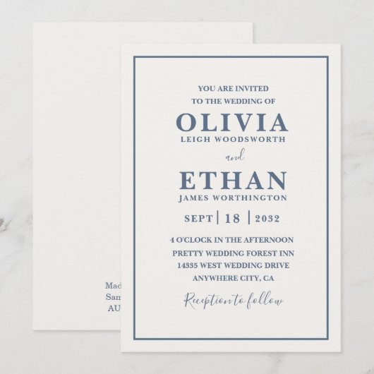 Simple Beige Dusty Blue Minimalist Border Wedding Kaart (Voorkant / Achterkant)