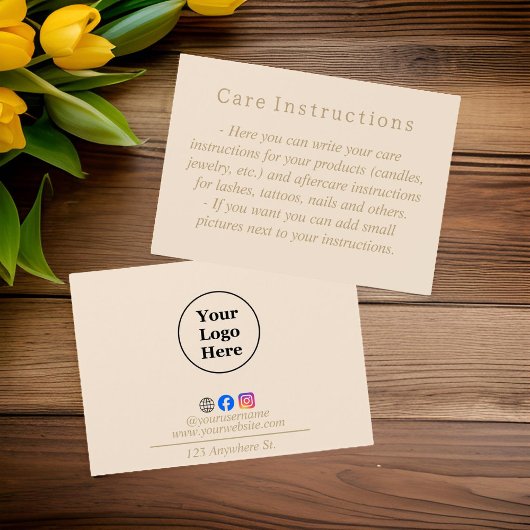 Simple beige minimalist Care Instruction Card Visitekaartje