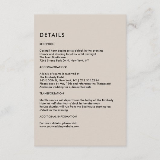 Simple Beige Wedding Details  Informatiekaartje (Voorkant)