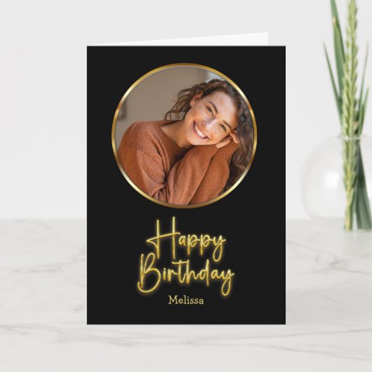 Simple Black and Gold Script Circle Photo Birthday Kaart (Voorkant)