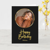 Simple Black and Gold Script Circle Photo Birthday Kaart (Gele Bloem)