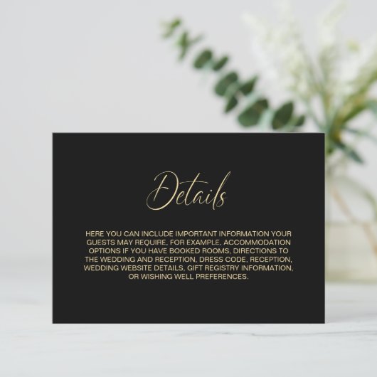 Simple Black and Gold Wedding Details Informatiekaartje (Staand voorkant)