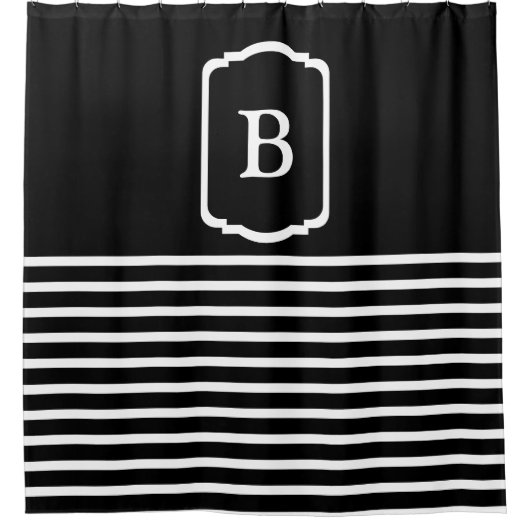 Simple Black and White Horizontal Stripes Monogram Douchegordijn (Voorkant)
