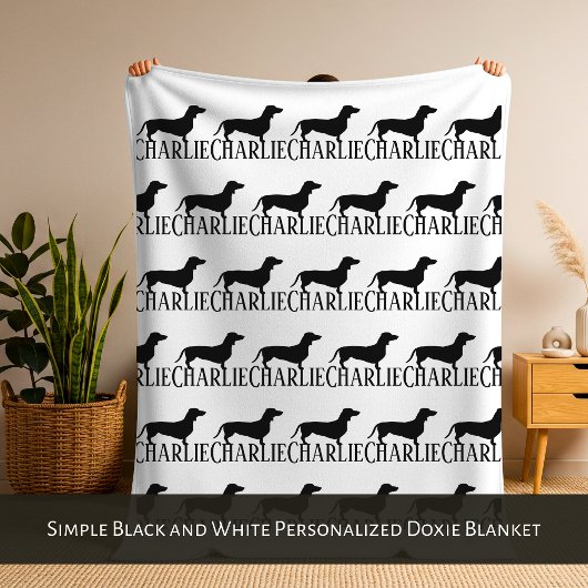 Simple Black and White Personalized Doxie Blanket Fleece Deken