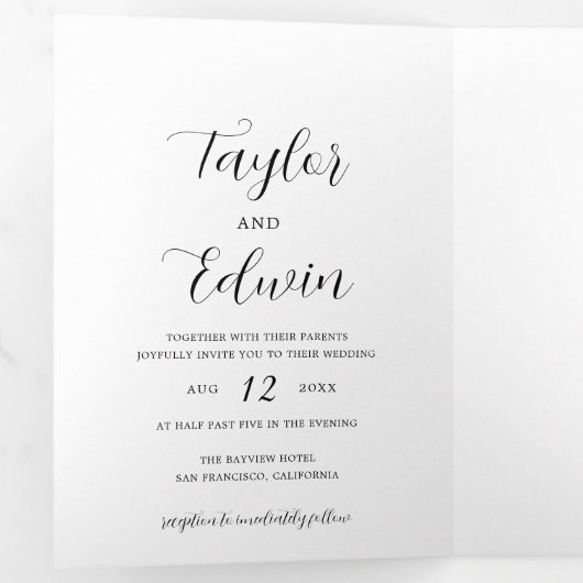 Simple Black and White Photo Modern Wedding Drieluik Uitnodiging (Binnenzijde eerst)