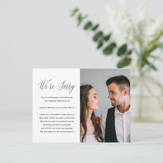 Simple Black and White Photo Wedding Postponement Aankondigingskaart (Staand voorkant)