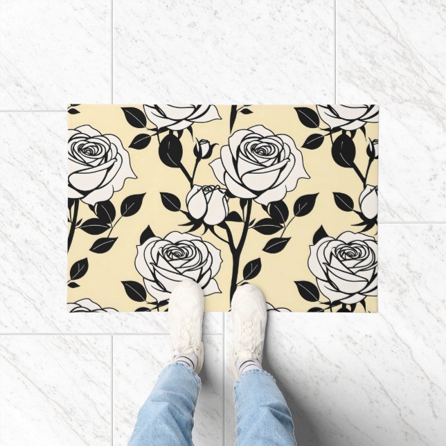 Simple Black And White Roses In A Graphic Style  Deurmat (Binnen)