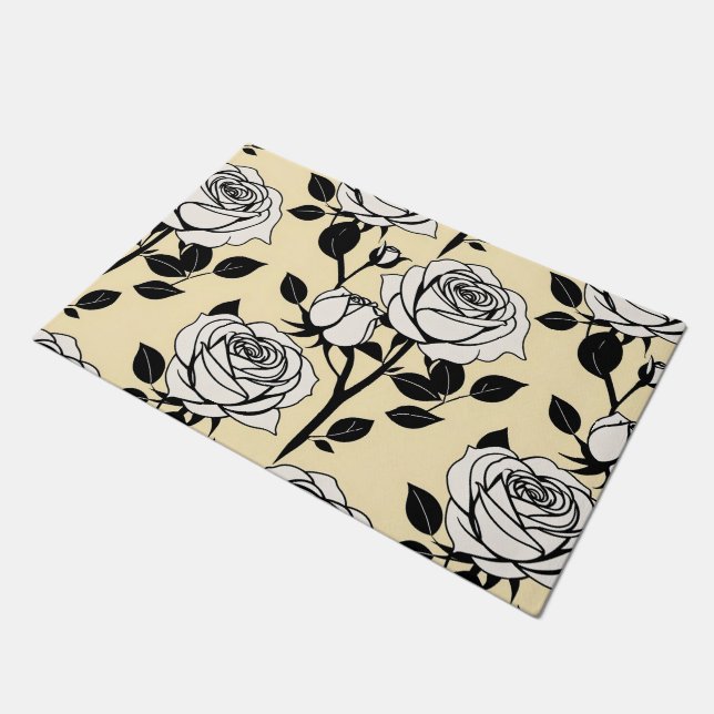 Simple Black And White Roses In A Graphic Style  Deurmat (Schuin)