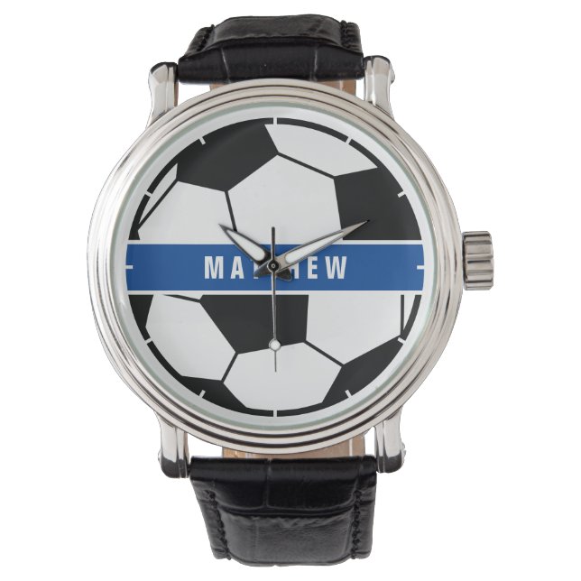 Simple Black and White Soccer Football Monogram Horloge (Voorkant)