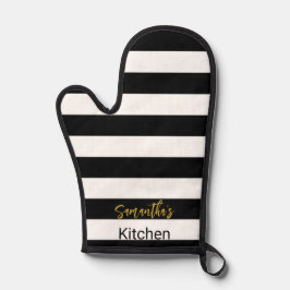 Simple Black and White Stripes Gold Script Naam Ovenwant