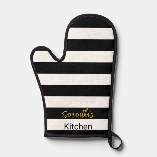 Simple Black and White Stripes Gold Script Naam Ovenwant (Voorkant)