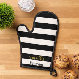 Simple Black and White Stripes Gold Script Naam Ovenwant