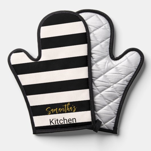 Simple Black and White Stripes Gold Script Naam Ovenwant (Voorkant / Achterkant)