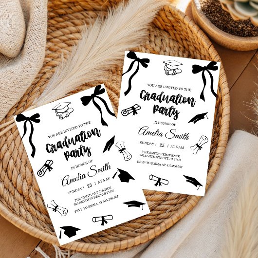 Simple  Black Bow graduation party invitation Kaart