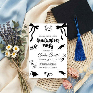 Simple  Black Bow graduation party invitation Kaart