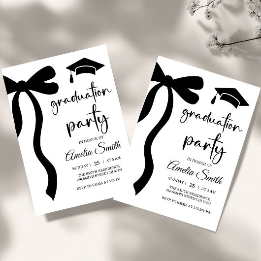 Simple Black Bow graduation party invitation Kaart
