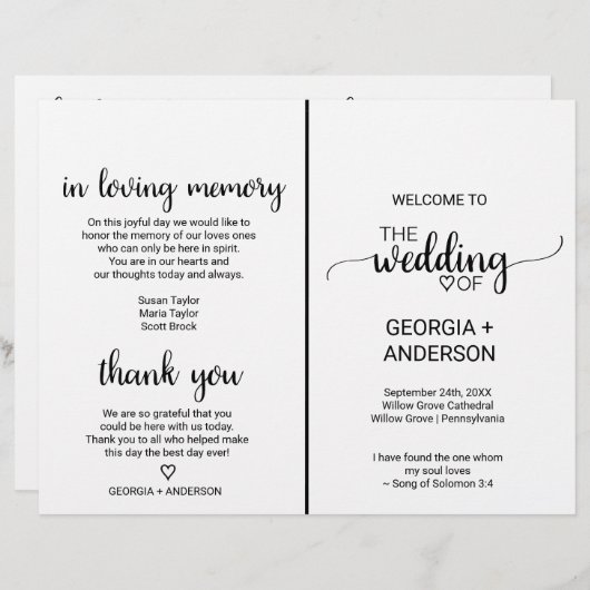 Simple Black Calligraphy Folded Wedding Program (Voorkant / Achterkant)