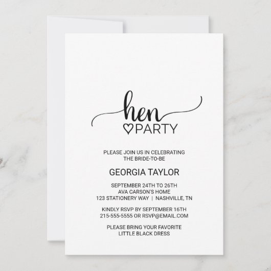 Simple Black Calligraphy Hen Party Kaart (Voorkant)