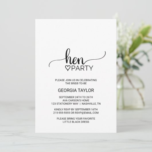 Simple Black Calligraphy Hen Party Kaart (Staand voorkant)