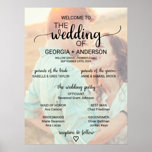 Simple Black Calligraphy Photo Wedding Program Poster (Voorkant)