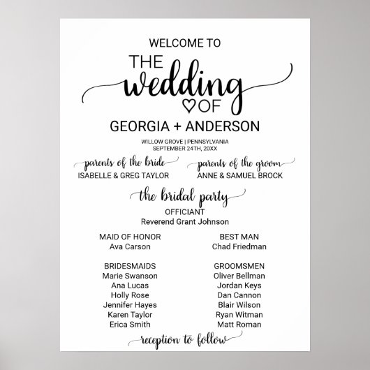 Simple Black Calligraphy Wedding Program Poster (Voorkant)