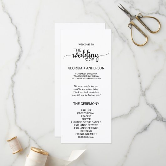 Simple Black Calligraphy Wedding Program Programmakaart (Voorkant / Achterkant in situ)