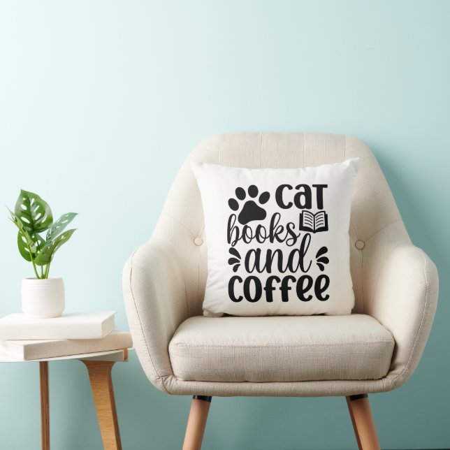 Simple Black "Cat Books and Coffee" Lover Gift Kussen (Stoel)