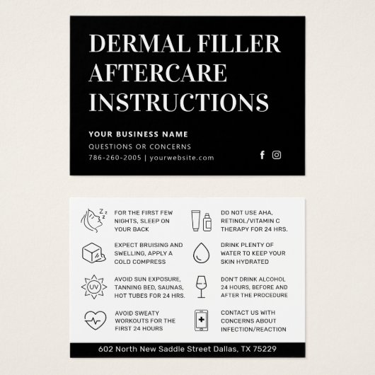 Simple Black Dermal Filler Aftercare Advice Kaart (Voorkant /achterkant)
