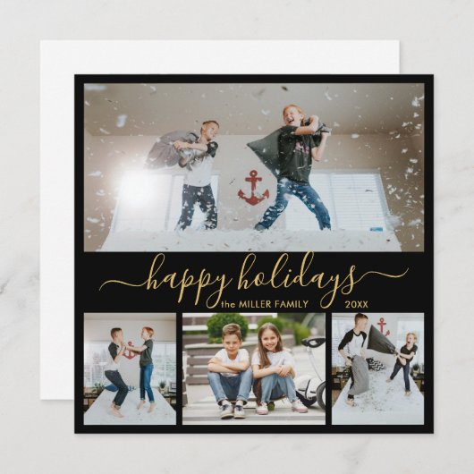 Simple Black Gold 4 Photo Collage Happy Feestdagenkaart (Voorkant / Achterkant)