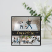 Simple Black Gold 4 Photo Collage Happy Feestdagenkaart (Staand voorkant)
