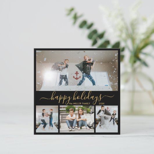 Simple Black Gold 4 Photo Collage Happy Feestdagenkaart (Staand voorkant)