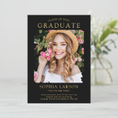 Simple Black Gold Brush Stroke Photo Afstuderen Aankondiging (Staand voorkant)