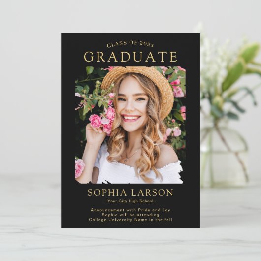 Simple Black Gold Brush Stroke Photo Afstuderen Aankondiging (Staand voorkant)