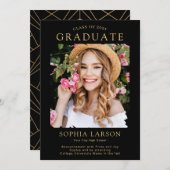 Simple Black Gold Brush Stroke Photo Afstuderen Aankondiging (Voorkant / Achterkant)