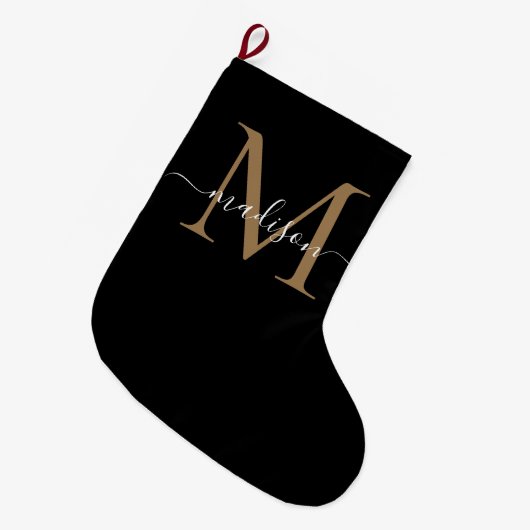 Simple Black Gold Monogram Elegant Girly Script Grote Kerstsok (Voorkant (Hangend))