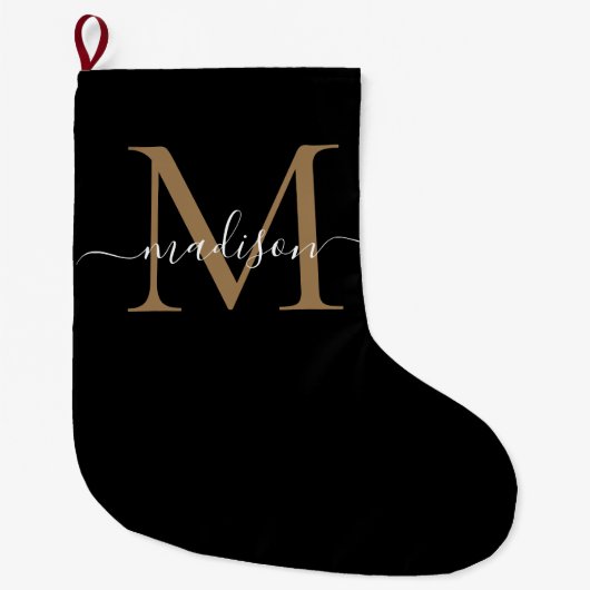 Simple Black Gold Monogram Elegant Girly Script Grote Kerstsok (Voorkant)