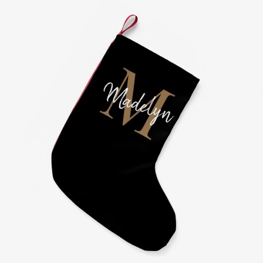 Simple Black Gold Monogram Elegant Girly Script Kleine Kerstsok (Voorkant (Hangend))