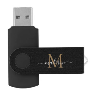 Simple Black Gold Monogram Elegant Girly Script USB Stick