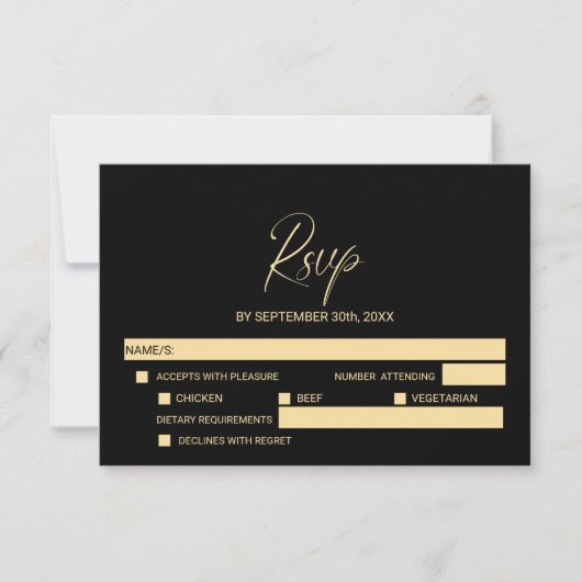 Simple Black Gold Wedding RSVP with Menu Options (Voorkant)