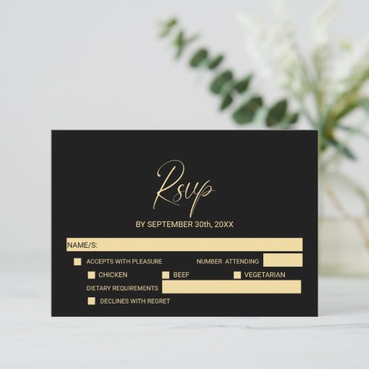 Simple Black Gold Wedding RSVP with Menu Options (Staand voorkant)