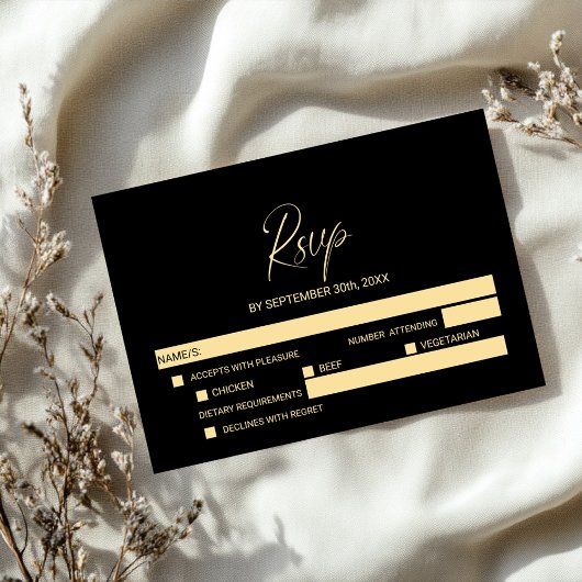 Simple Black Gold Wedding RSVP with Menu Options