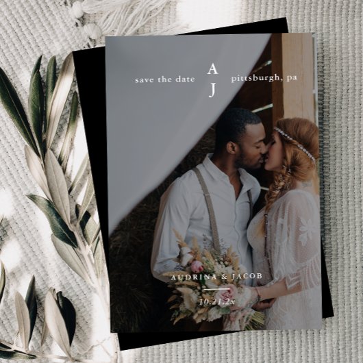 Simple Black Monogram Photo Weddenschap Save The Date