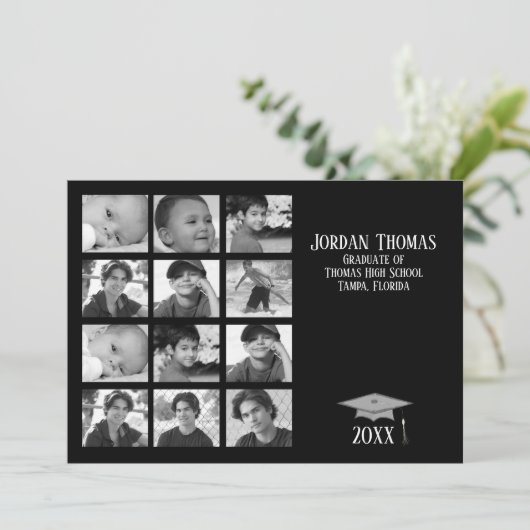 Simple Black Multi Photo Afstuderen 12-foto Kaart (Staand voorkant)