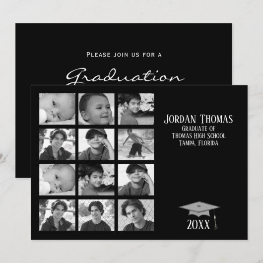 Simple Black Multi Photo Afstuderen 12-foto Kaart (Voorkant / Achterkant)