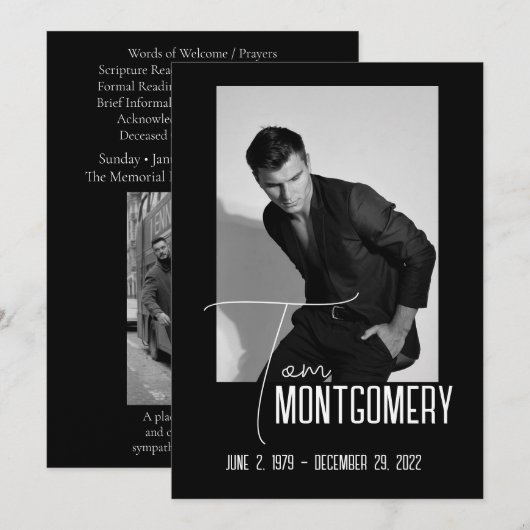 Simple Black Photo Funeral Program Kaart (Voorkant / Achterkant)