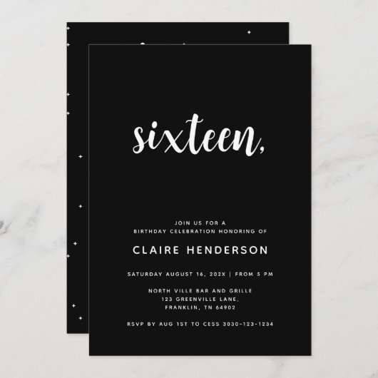 Simple Black Sweet 16th Birthday Party Invitation (Voorkant / Achterkant)