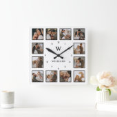 Simple Black & White 12-foto Collage Initiaal Name Vierkante Klok (Huis)