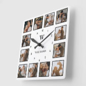 Simple Black & White 12-foto Collage Initiaal Name Vierkante Klok (Hoek)